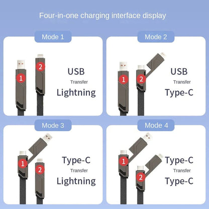 4'ü 1 arada [60W Hızlı Şarj ve Veri Senkronizasyonu] Velcro ile Düz Örgülü Dolaşmayan Şarj Kablosu