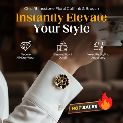 Elegante blomsterformede mansjettknapper og brosje pyntet med rhinestones